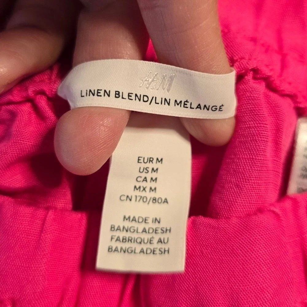H&M Women Linen Blend Wide Leg Pants Med Pink Drawstring vacation travel beach